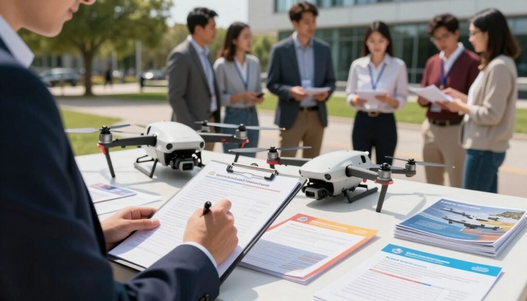 A detailed, informative scene showcasing a drone flight authorization process. In the foreground, a professional individual dressed in business attire is filling out a form on a clipboard, with a drone designed for delivery beside them. The middle of the image features a large table scattered with colorful brochures and materials outlining drone flight regulations. The background includes an outdoor setting, such as a park or an office building where a friendly interaction is taking place among diverse people discussing drone laws. The lighting is bright and natural, indicating a sunny day, with a slightly blurred depth of field to emphasize the foreground tasks. The atmosphere is one of cooperation and innovation, underlining the importance of compliance in drone operations.