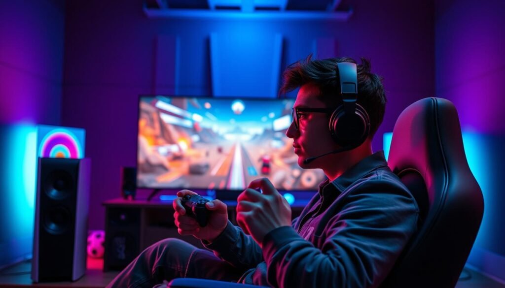 A dynamic scene showcasing the immersive benefits of Dolby Atmos in gaming. In the foreground, a focused gamer, dressed in casual yet stylish attire, sits in a modern gaming chair, intently engaged with a PlayStation 5 controller. Surround sound speakers are strategically placed around him, with sound waves visually emanating in vibrant colors. In the middle ground, a vivid gaming environment displays a futuristic game landscape filled with dynamic elements and action. The background features a sleek gaming setup, illuminated by soft LED lights that enhance the atmosphere, casting cool blue and purple hues. The lighting is dramatic, highlighting the intensity of the gaming experience, creating a sense of excitement and immersion. Capture the mood of an exhilarating gaming session enhanced by advanced audio technology.