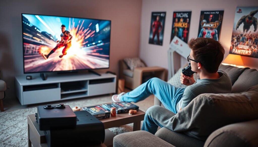 A focused living room scene featuring a gamer, a young adult in comfortable casual attire, sitting on a cozy sofa while vigorously playing a classic PlayStation 3 game on a large flat-screen TV. In the foreground, a bright, detailed TV screen displays an action-packed moment from a PS3 game, with vibrant colors and clear graphics. The middle layer shows the gamer holding a PS3 controller, absorbed in the gameplay, alongside an organized coffee table filled with game cases and snacks. In the background, soft ambient lighting creates a warm atmosphere, with posters of iconic PS3 games adorning the walls. The overall mood is nostalgic and engaging, highlighting a fun gaming experience.