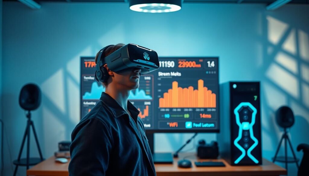 A futuristic virtual reality streaming setup with a sleek PC using Wi-Fi 7 at 6GHz. In the foreground, a professional individual wearing smart casual clothing is immersed in a VR headset, displaying a focused expression. The middle layer features a high-tech monitor showcasing streaming metrics, with vibrant graphs and data points that illustrate latency of 14ms. The background consists of a modern workspace with soft, ambient lighting casting geometric shadows, enhancing the sleek technology theme. The scene captures an atmosphere of innovation and efficiency, emphasizing the seamless connection and low latency in VR gaming experiences. The overall composition should feel dynamic and engaging, reflecting a cutting-edge digital environment.
