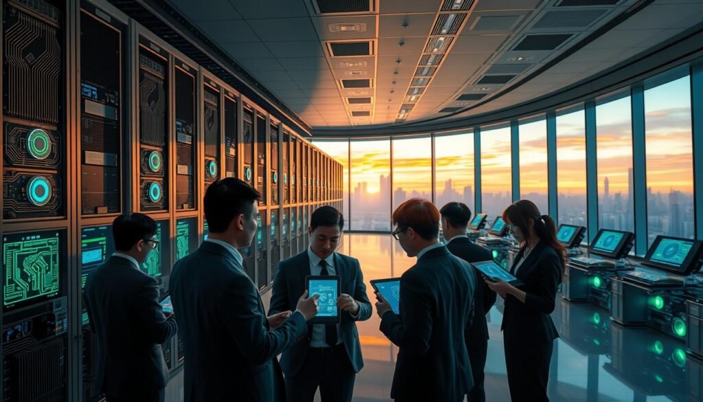 A majestic supercomputer room from China's golden era of technology, featuring a colossal, sleek supercomputer with intricate circuits and screens displaying vibrant data visualizations. In the foreground, a diverse group of professionals in smart business attire, both men and women, analyze results on tablets, engaged in deep discussion. The middle ground showcases rows of advanced computing machinery, glowing softly with blue and green lights, reflecting a sense of innovation and dominance. The background reveals large windows overlooking a futuristic city skyline, bathed in warm sunset hues, symbolizing progress. The atmosphere conveys a blend of achievement and inspiration, enhanced by soft, focused lighting illuminating the technological marvels. The scene should be rich in detail, evoking a sense of nostalgia and pride in China's contributions to the supercomputing field.