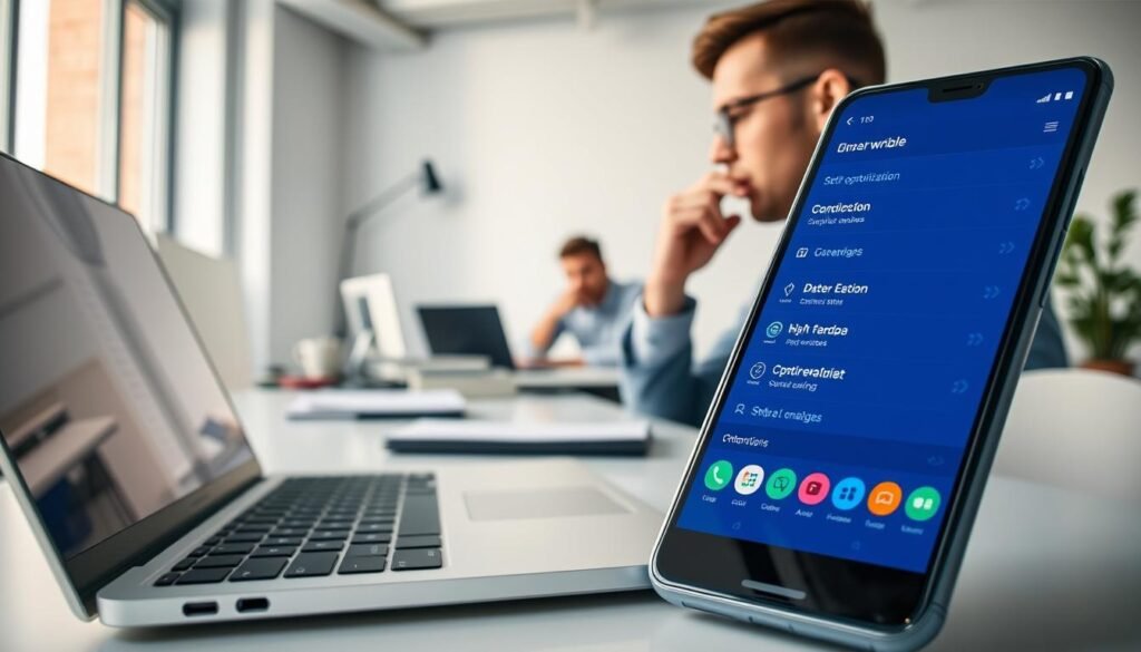 A modern and sleek workspace featuring a close-up view of a high-tech Android device displaying the One UI 6.1 interface on its screen, with optimization settings highlighted in vibrant colors. In the foreground, an open laptop shows coding of bloatware analysis. The middle ground includes a thoughtful professional in smart casual attire, contemplating data on the device, captured from a side angle to create depth. The background emphasizes a minimalist office with soft natural light filtering through a window, enhancing a focused and industrious atmosphere. The combination of technology and a busy workspace conveys an essence of productivity and optimization in a dynamic environment.