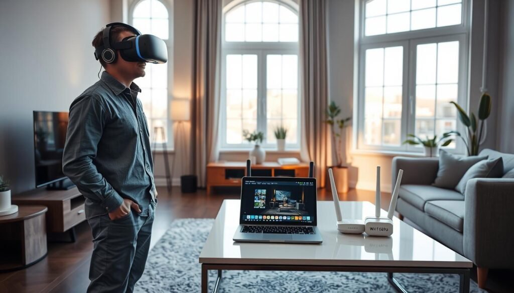 A modern living room setup is depicted, showcasing a sleek wireless virtual reality streaming environment. In the foreground, a user wearing a Quest 3 headset is standing, immersed in a virtual world, dressed in modest casual clothing. The middle ground features a beautifully arranged coffee table with a laptop showing Virtual Desktop on the screen, alongside a router labeled “Wi-Fi 7, 6GHz.” In the background, large windows let in natural light, illuminating the space, creating a warm yet tech-savvy ambiance. The room is styled with minimalistic furniture and a few potted plants, enhancing the atmosphere of innovation and comfort. The scene captures a sense of excitement and connectivity, emphasizing an optimal wireless VR streaming experience.