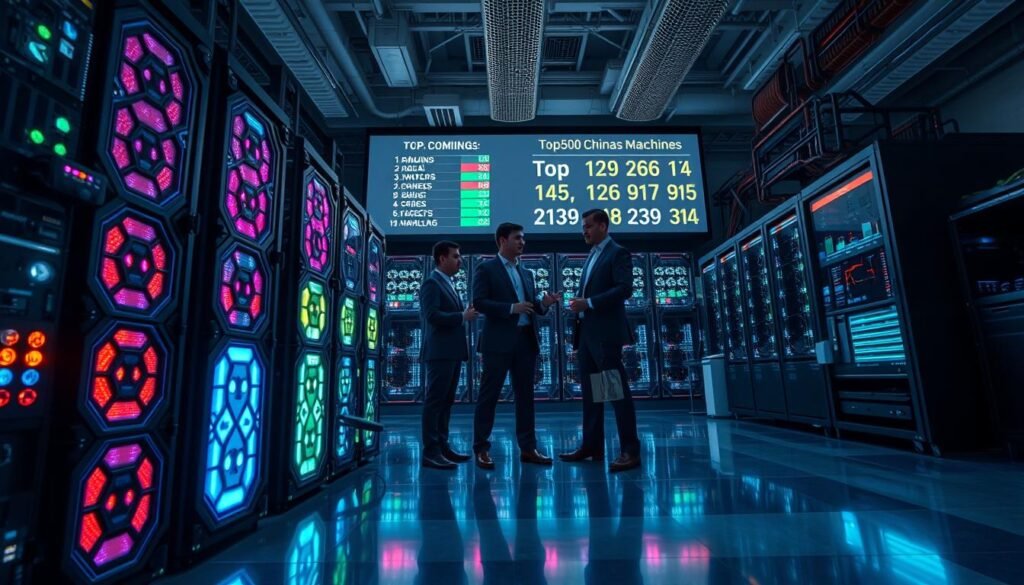A modern, visually striking supercomputer setup in a high-tech environment, showcasing ornate design elements and intricate circuitry. In the foreground, a sleek, powerful supercomputer with illuminated panels reflecting various vibrant colors, signifying advanced technology. The middle ground features engineers in professional business attire, intently discussing configurations and data displayed on holographic screens. In the background, a futuristic lab filled with high-tech equipment and large digital displays showing Top500 rankings, with a highlight on the absence of Chinese machines in the top ten. Dim, focused lighting enhances the serious mood while emphasizing the contrast between the advanced technology and the surprising ranking statistics. Capture this moment from a low angle for a dramatic effect, emphasizing the grandeur of the supercomputer and the engineers' engagement.