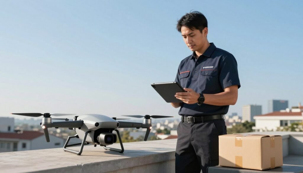 A professional drone operator standing confidently next to a sleek, modern commercial drone with a bright blue sky in the background. The operator, dressed in a smart, branded uniform, is checking the drone's navigation system on a tablet. Nearby, a delivery package is positioned, showing the practical use of the drone. The background features a cityscape with rooftops, illustrating the urban delivery context while maintaining a clear distance. Soft, natural sunlight bathes the scene, creating a bright and optimistic atmosphere. The angle is a medium shot, focusing on the operator and the drone while ensuring the city skyline is subtly visible. The overall mood is one of innovation and efficiency in drone delivery services.
