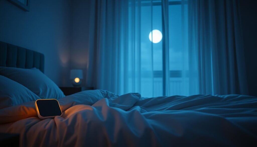 A serene bedroom at night, showcasing the essence of deep, uninterrupted sleep. In the foreground, a cozy, neatly made bed with a soft, inviting comforter and fluffy pillows, suggesting warmth and tranquility. The middle layer features a bedside table with a minimalist sleep tracker device glowing softly, displaying warm light that enhances a peaceful atmosphere. In the background, a window with sheer curtains allowing soft moonlight to filter in, casting gentle shadows throughout the room. The lighting is soft and calming, with a bluish hue to evoke a sense of nighttime serenity. The overall mood should be one of relaxation and rejuvenation, emphasizing the importance of sleep continuity for optimal recovery.