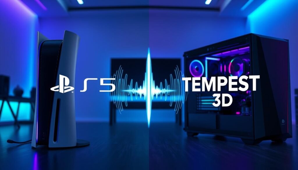 A split-screen image comparing PS5's Dolby Atmos technology with Tempest 3D AudioTech. In the foreground, showcase a sleek PS5 console with illuminated accents, accompanied by a contemporary gaming headset displaying Dolby Atmos branding. Opposite, display a high-end gaming PC with a bold Tempest 3D logo. In the middle ground, include a dynamic sound wave graphic emanating from both setups, visually representing audio clarity and depth. The background should be a modern, minimalist gaming room with ambient lighting in blue and purple hues, emphasizing a tech-savvy atmosphere. A shallow depth of field should keep focus on the consoles and sound waves, while soft lighting enhances the futuristic mood.
