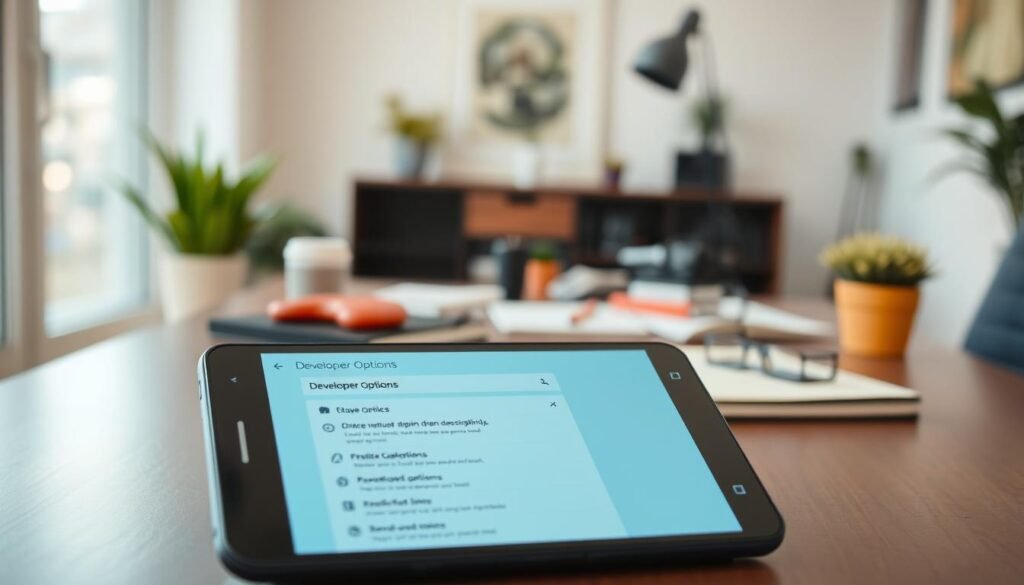 An Android device sits prominently in the foreground, showcasing its sleek design and vibrant screen displaying the Developer Options menu. The middle ground features a blurred workspace setting with a modern desk, cluttered with tech gadgets and a notebook, hinting at a creative environment. The background includes a soft-focus view of a contemporary room, adorned with plants and soft lighting that creates a warm atmosphere. A gentle, diffused sunlight streams in through a window, enhancing the tech-friendly vibe. The overall mood should be informative and inviting, emphasizing usability and the practical benefits of Developer Options for everyday users. A shallow depth of field highlights the device and its screen, ensuring the viewer’s focus is on the Android features.