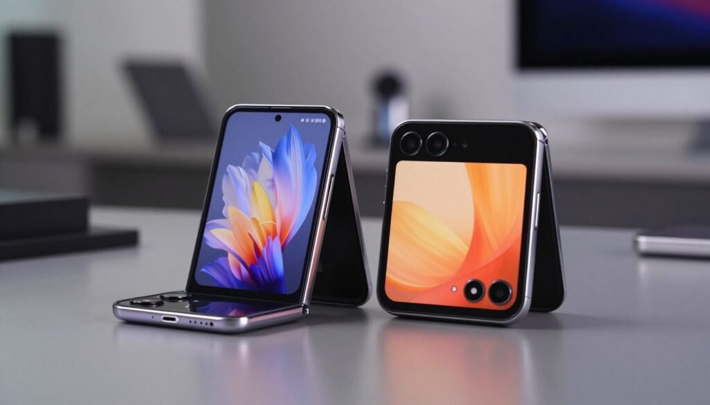 A comparison image featuring the main display and cover screen of a Samsung Flip5 and a Motorola Razr 50, positioned side by side on a sleek, modern table. The focus is on the vibrant colors and sharp contrasts of both screens, showcasing their unique designs and features. The Samsung Flip5 is open, revealing its inner display, while the Razr 50 is closed, highlighting its cover screen. Soft, diffused lighting enhances the elegance of the devices, casting gentle reflections on the surface. The background is a blurred, contemporary tech ambiance, with subtle hints of tech gadgets, creating an atmosphere of innovation and sophistication. The mood is informative yet visually engaging, inviting viewers to compare the devices without distractions.