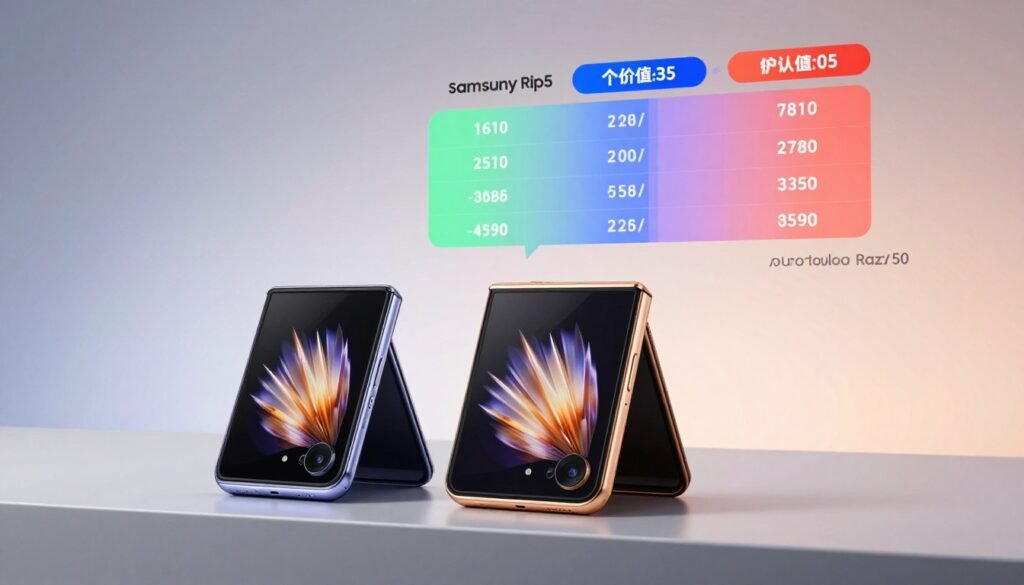 A detailed comparison image illustrating the prices and values of foldable smartphones, specifically the Samsung Flip5 and Motorola Razr 50. In the foreground, showcase both devices side by side on a sleek, modern surface, highlighting their distinctive designs and features. The middle ground should include a visually appealing infographic-style representation of pricing data and value metrics, using vibrant colors to differentiate between the two models. The background should exhibit a soft gradient, allowing the smartphones and infographics to stand out. The ambiance should feel tech-savvy and professional, utilizing soft, diffused lighting to enhance visibility. The angle should be slightly elevated for a dynamic perspective, inviting viewers to consider both aesthetics and functionality.