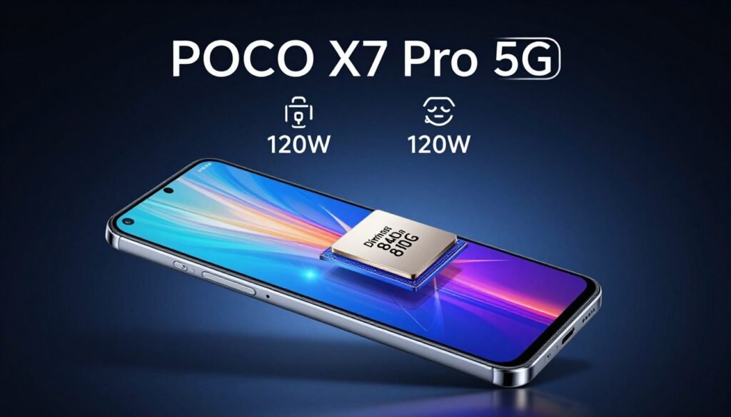 A detailed illustration showcasing the smartphone specifications of the POCO X7 Pro 5G, featuring a sleek design with a Dimensity 8400 Ultra chipset and a vibrant AMOLED display. In the foreground, the smartphone is elegantly tilted at a slight angle, highlighting its streamlined profile and stunning screen. The middle ground includes technical icons symbolizing charging speed (120W) and performance metrics, visually enhancing the theme of cutting-edge technology. The background is a soft gradient of dark blue and black, creating a contrast that emphasizes the device’s brilliance. Soft, focused lighting highlights the smartphone, creating a luxurious and high-tech atmosphere. The image captures the essence of innovation and power, resonating with the core strength of the POCO X7 Pro 5G.