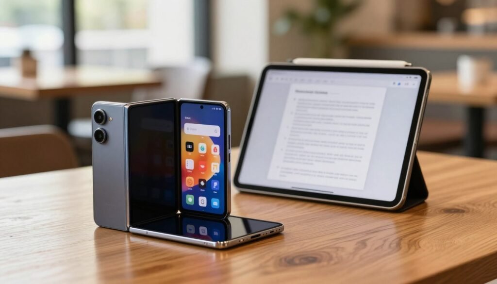 A sleek Galaxy Z Fold smartphone and a modern tablet are prominently displayed side by side on a stylish wooden desk, showcasing their respective screens illuminated by natural light. In the foreground, detailed close-ups show both devices in action: the Galaxy Z Fold is partially opened, displaying a vibrant productivity app, while the tablet features a clear document on its screen. The background features a blurred cozy café setting with soft, diffused sunlight coming through the windows, creating a warm atmosphere. The composition captures a moment of focused work, illustrating the functionality of both devices. The image should convey a professional and productive mood, with an emphasis on the practical use of technology while traveling. A sleek Galaxy Z Fold smartphone and a modern tablet are prominently displayed side by side on a stylish wooden desk, showcasing their respective screens illuminated by natural light. In the foreground, detailed close-ups show both devices in action: the Galaxy Z Fold is partially opened, displaying a vibrant productivity app, while the tablet features a clear document on its screen. The background features a blurred cozy café setting with soft, diffused sunlight coming through the windows, creating a warm atmosphere. The composition captures a moment of focused work, illustrating the functionality of both devices. The image should convey a professional and productive mood, with an emphasis on the practical use of technology while traveling.