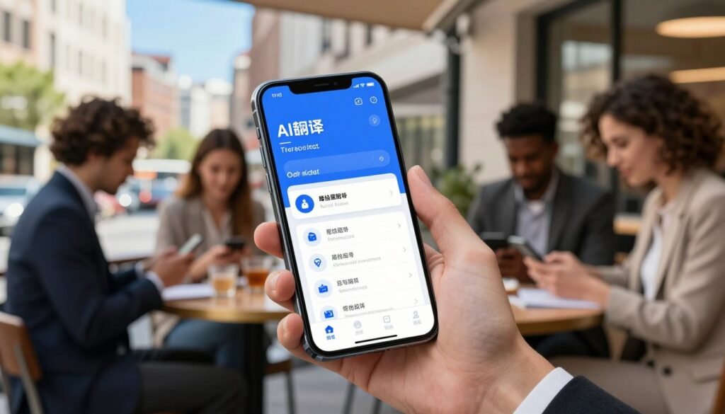 A sleek, modern smartphone showcasing its real-time AI translation feature, prominently displaying an interactive translation app on the screen. The foreground highlights the smartphone held in a professional's hand, showcasing its slim profile and vibrant display. In the middle ground, a busy urban environment emphasizes daily life—a café setting with blurred figures of diverse, professionally dressed individuals engaging with their devices. The background features soft-focus city buildings under a clear blue sky, creating a bright and inviting atmosphere. The lighting is natural, highlighting the smartphone's glossy surface, capturing reflections and shadows for depth. The scene conveys innovation and convenience, illustrating the seamless integration of technology into everyday life.